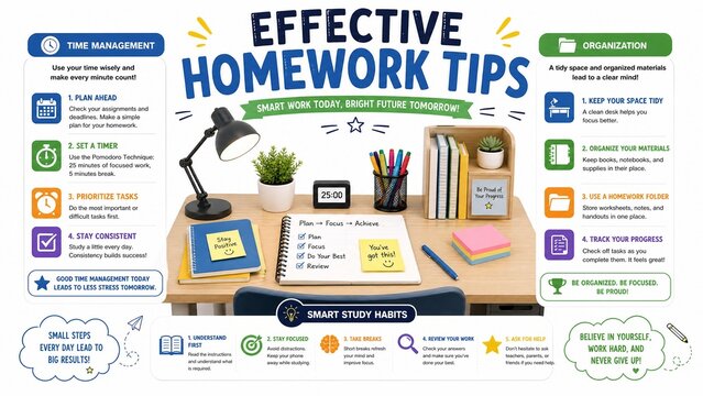 Effective Homework Tips Infographic for Student Study Habits and Time Management