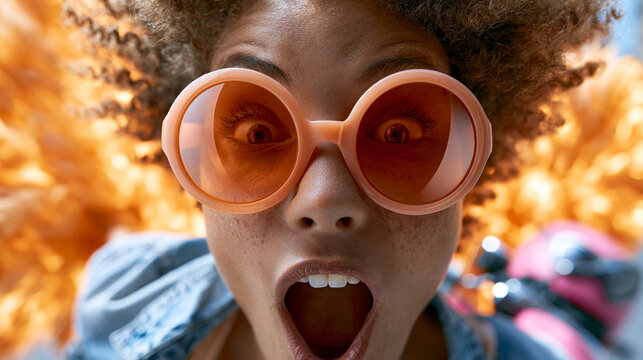 Junge Frau tr&auml;gt runde orange Sonnenbrille vor loderender Explosion