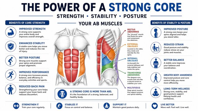 The Power of a Strong Core Infographic with Human Abdominal Muscle Anatomy and Health Benefits