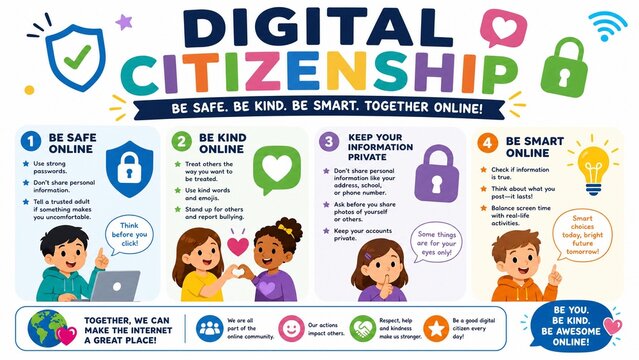 Digital Citizenship and Online Safety Educational Infographic for Kids