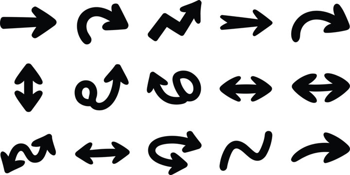 Hand drawn thick black arrow vector icon set featuring simple pointer doodles bidirectional straight signs curved swirls zigzag charts and minimalist marker style directions.