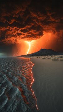 Dark clouds rumble with electric energy as lightning illuminates the quiet desert scene