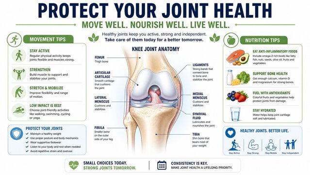 Joint Health and Knee Anatomy Infographic with Medical Care Tips