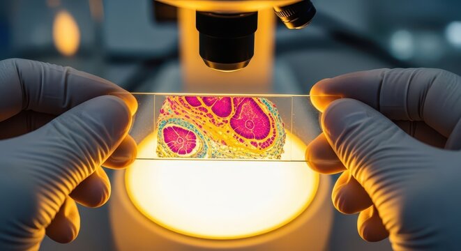 Colorful stained tissue sample under microscope for scientific research