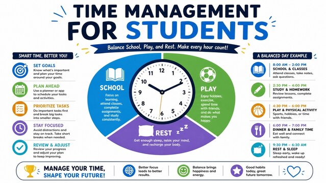 Time Management for Students Infographic with Daily Schedule and Productivity Tips