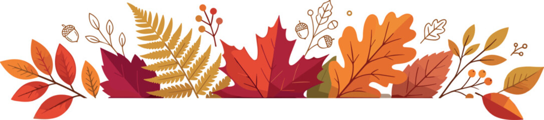 Autumn foliage horizontal border vector element featuring colorful fall maple oak fern leaves and berry branches lined up on white background © Sumaiya Akter Sweety