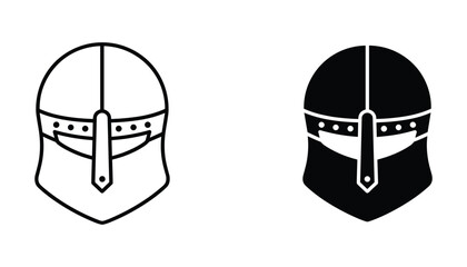 Medieval knight helmet icon set featuring detailed line art and solid black graphic style for historical theme branding and game design assets isolated on clean white background surface © TARU STOCKPLC