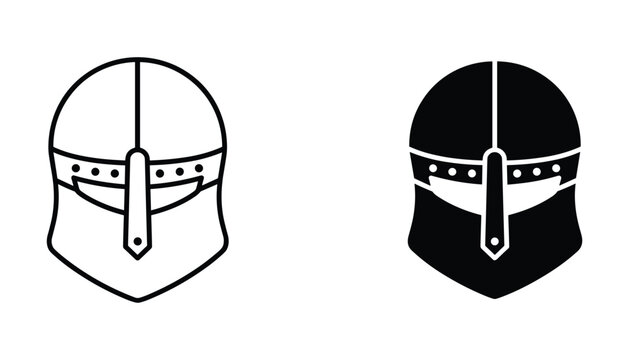 Medieval knight helmet icon set featuring detailed line art and solid black graphic style for historical theme branding and game design assets isolated on clean white background surface