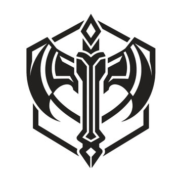 Minimalist geometric hatchet vector design featuring a sharp double bit axe emblem inside a bold hexagonal frame for gaming logos