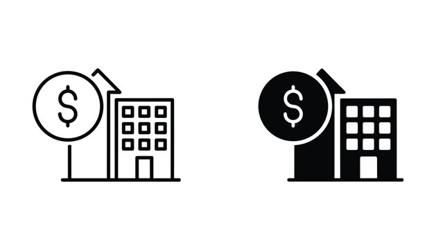 Corporate building and dollar sign icon set representing financial growth and real estate investment in outline and solid black styles for business growth and banking graphic design