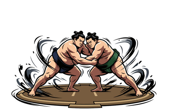 Sumo wrestlers wrestling in dohyo ring illustration