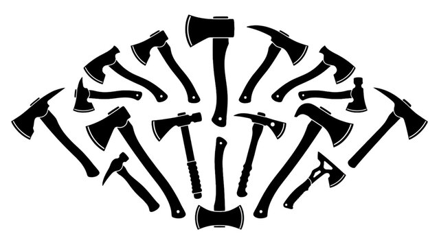 Assorted hatchet vector silhouettes and pickaxe tools for industrial woodcutting, logging, and forestry design projects