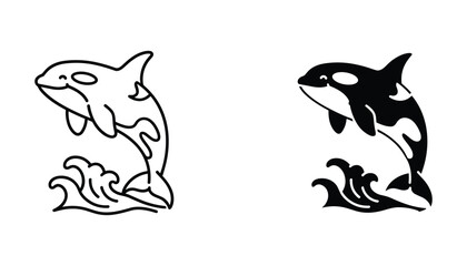 Orca whale jumping out of water vector set featuring minimalist silhouette and line art styles for marine life designs and educational graphics isolated on white background for easy editing © TARU STOCKPLC