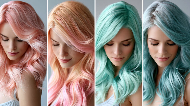 Vier Frauen zeigen pastellfarbene Haare in Beauty-Nahaufnahme-Collage