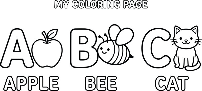 Alphabet coloring page for kids a b c with apple bee and cat illustrations