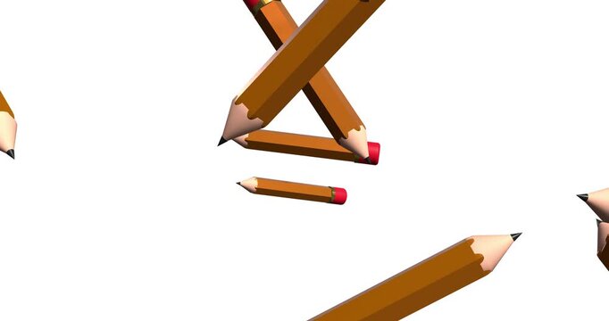 Dynamic 3D animation of several sharp pencils with red erasers falling and rotating against a clean white background, perfect for educational and creative concepts.