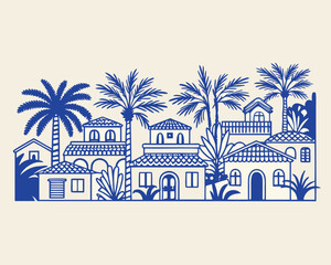 Obraz premium Coastal Village Illustration With Palm Trees And Buildings Blue Line Art