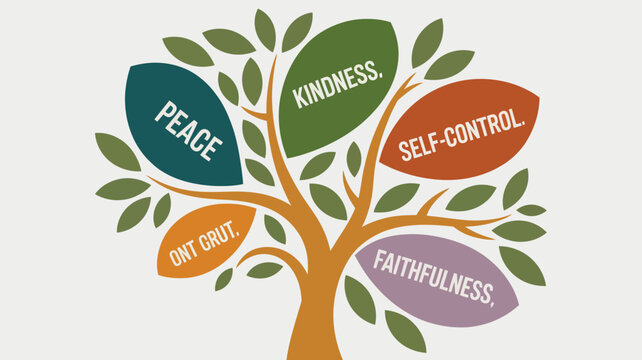 Educational tree illustration displaying positive character traits of peace, kindness, and faithfulness