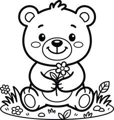 Obraz premium Cute teddy bear with flowers coloring page for kids and toddlers activity book