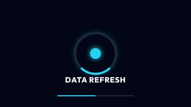 Glowing blue data refresh animation, rotating circular progress bar with pulsing center, seamless loop, symbolizing loading, data processing, and technology