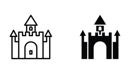 Medieval stone castle icon set featuring towers and arched gate in outline and solid black styles for fantasy games and historical architecture themed graphic design project assets © TARU STOCKPLC