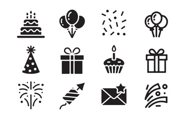 Fototapeta premium Event icons set with cake balloons confetti and gift box symbols for party and celebration apps.