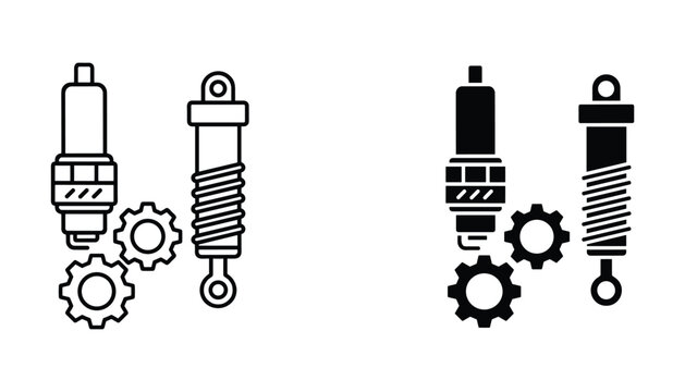 Automotive spark plug and shock absorber icon set with engine gears in line art and solid black styles for car repair shop branding and mechanical engineering graphic design isolated