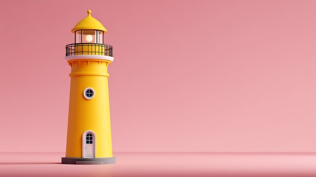 Minimal 3D yellow lighthouse tower icon with rounded modern design on a pastel pink backdrop, ideal for navigation, maritime, coastal travel, apps, UI, and branding concepts.