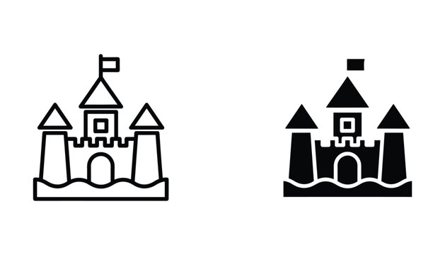 Fairytale castle icon set featuring stylized architecture with flag and battlements in line art and solid black versions for fantasy game design and educational branding assets isolated