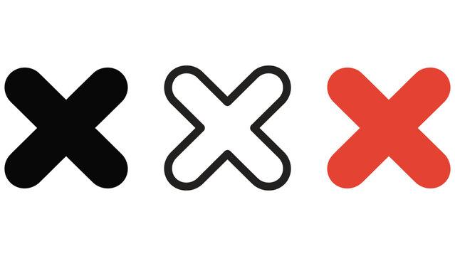 Three different colored x marks icons in a row on white background