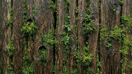 Fototapeta premium Close up of weathered oak wood texture with lush green moss