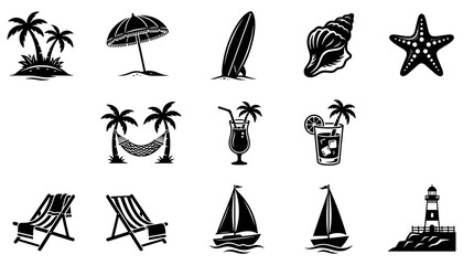 Travel Icons Set with Palm Trees, Surfboard, Hammock, Starfish, Cocktail Glass, Sailing Ship and Lighthouse Symbols © Afjal12