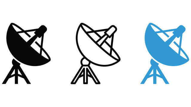 Three satellite dishes in black line and blue on white background
