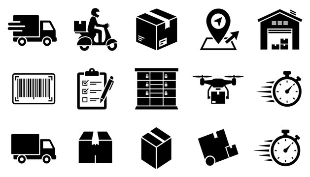 Logistics Icons Set with Transport, Delivery, Warehouse, Barcode, Inventory, Clock, and Package Symbols in Black