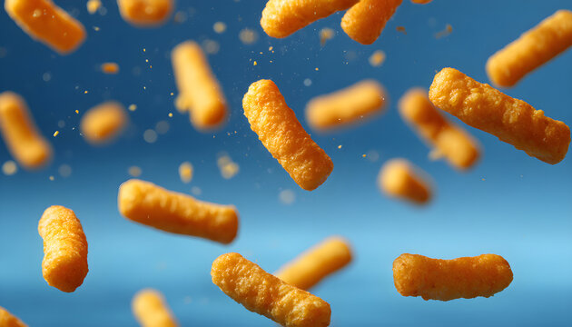 Corn sticks cheese puffs floating in the air on blue background slow motion