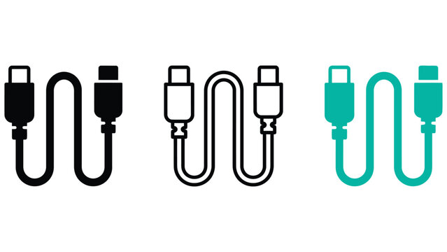 Usb type c cables in black line teal color on white background