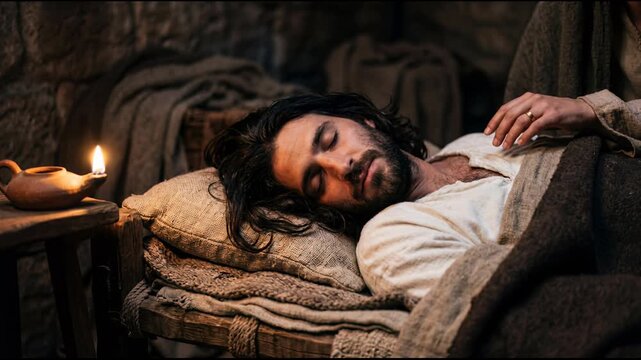 Biblical scene of samson sleeping peacefully on a rustic wooden cot in a dim stone room illuminated by an oil lamp while Delilahs hand rests on his chest just before she cuts his long hair