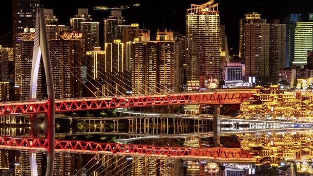 Chongqing cyberpunk city skyline illuminated at night reflected in water