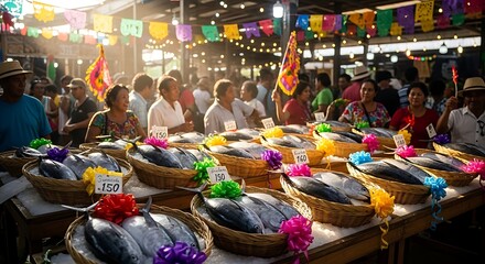 Fototapeta premium Fresh Tuna Fish Displayed in Woven Baskets at a Vibrant Traditional Market.