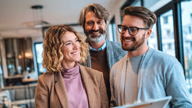 Smiling couple reviewing home purchase documents with a professional real estate agent during a modern apartment viewing, discussing contracts, property details, and buying decisions.