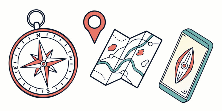 Illustration of compass map smartphone with navigation app for travel and adventure planning compass rose map reading navigation tool outdoor activity travel guide compass needle map symbols