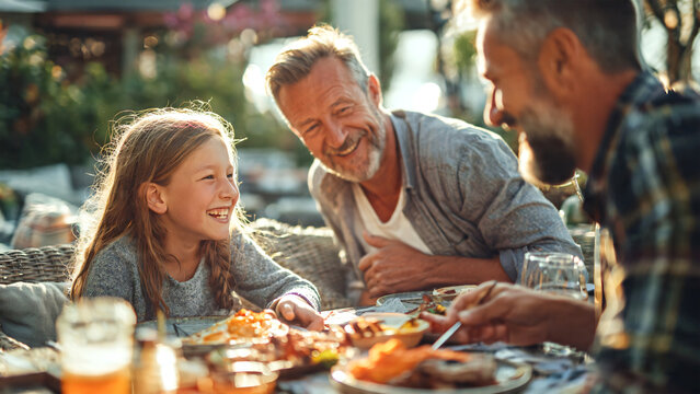 Happy father and young daughter sharing a meal together at a charming outdoor caf&eacute;, smiling during a relaxed family brunch while enjoying quality time, warm parenting and family bonding concept.