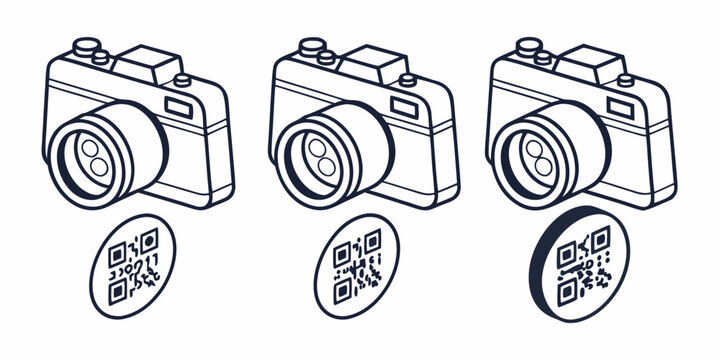 Three cameras with qr codes on a white background qr code scan code digital camera digital device line art black and white graphic design technology electronics contemporary illustration