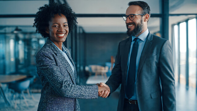 Smiling female employee shaking hands with a male manager in a modern corporate office, both elegantly dressed in professional business attire, workplace success concept 
