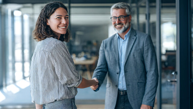 Smiling female employee wearing smart casual business attire shaking hands with an elegantly dressed male executive in a modern corporate office, professional workplace concept.