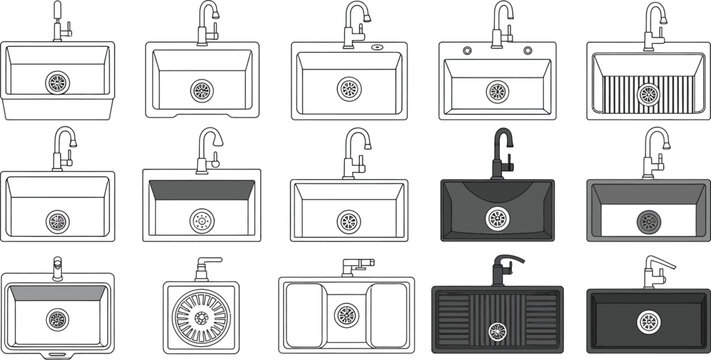Sink, bathroom sink, kitchen sink, faucet, plumbing fixtures, vector icons, 20 sink illustrations