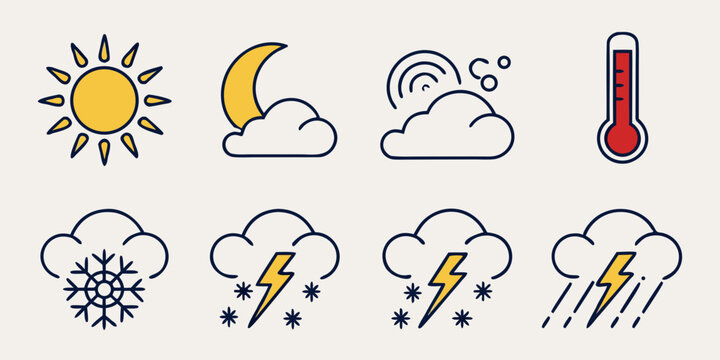 Set of eight weather icons including sun moon cloud rain snow lightning thermometer with lightning thermometer illustration graphics elements representation meteorology forecast temperature