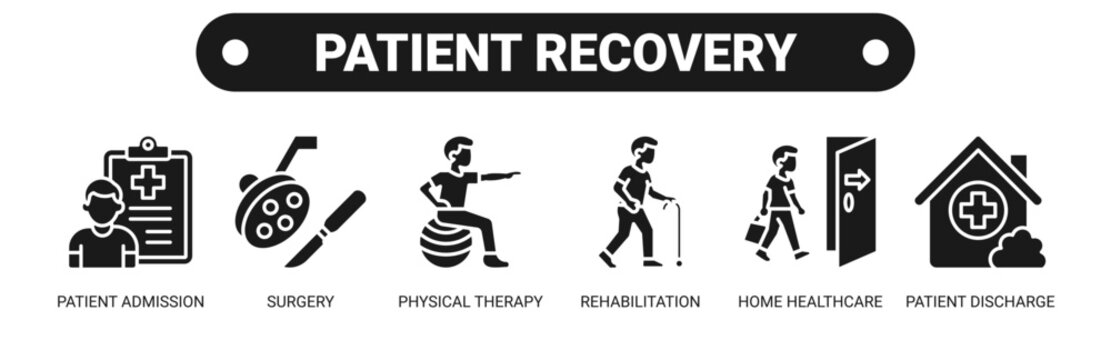 Patient Recovery web banner icon vector illustration concept with icons of patient admission, surgery, physical therapy, rehabilitation, home healthcare, and patient discharge. 