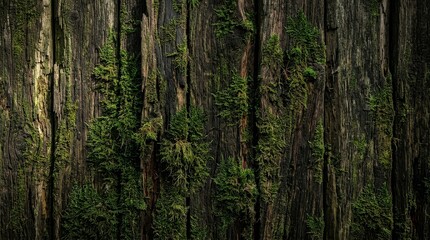 Fototapeta premium Close up of textured tree bark with green moss growth