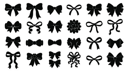 Fototapeta premium Black Bow Silhouette Collection with Ribbon, Gift Wrap, Ponytail and Decorative Bowknot Shapes for Design